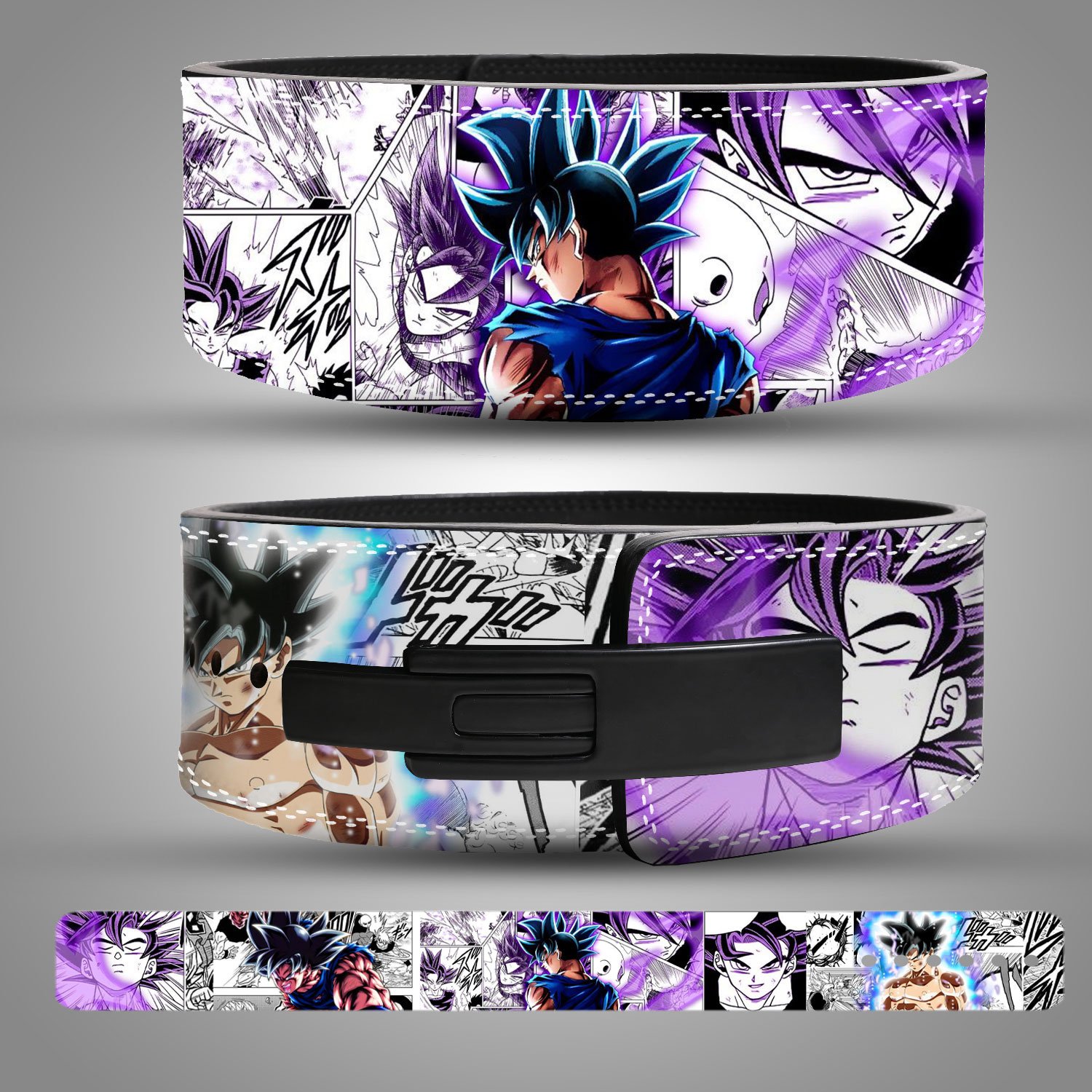 mockup-Vector-working-file Goku anime leather weightlifting belt with Ultra Instinct design and black lever buckle.