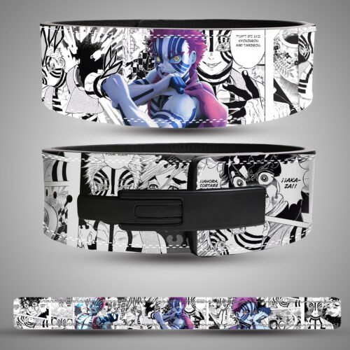 Front view of Akaza anime powerlifting belt with manga panels and detailed character artwork.