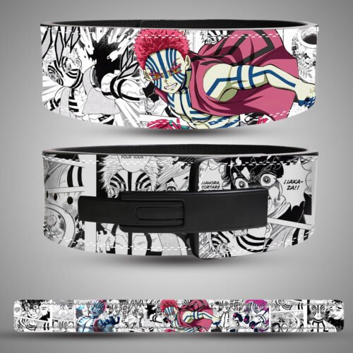 Demon Slayer Akaza (Upper Rank Three) custom weightlifting belt. Features manga panel collage with pink hair and blue marks. Powerlifting lever belt for heavy training.