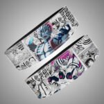 Anime Akaza weightlifting belt. Black and white manga art with vivid pink and blue color splashes. High-performance lever buckle gym gear.