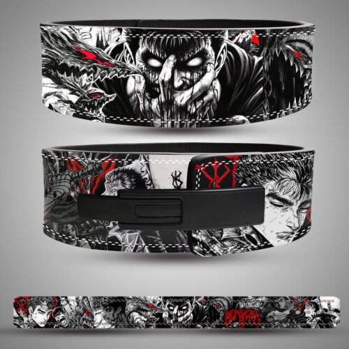 Leather powerlifting belt featuring Berserk-style graphics and heavy-duty buckle