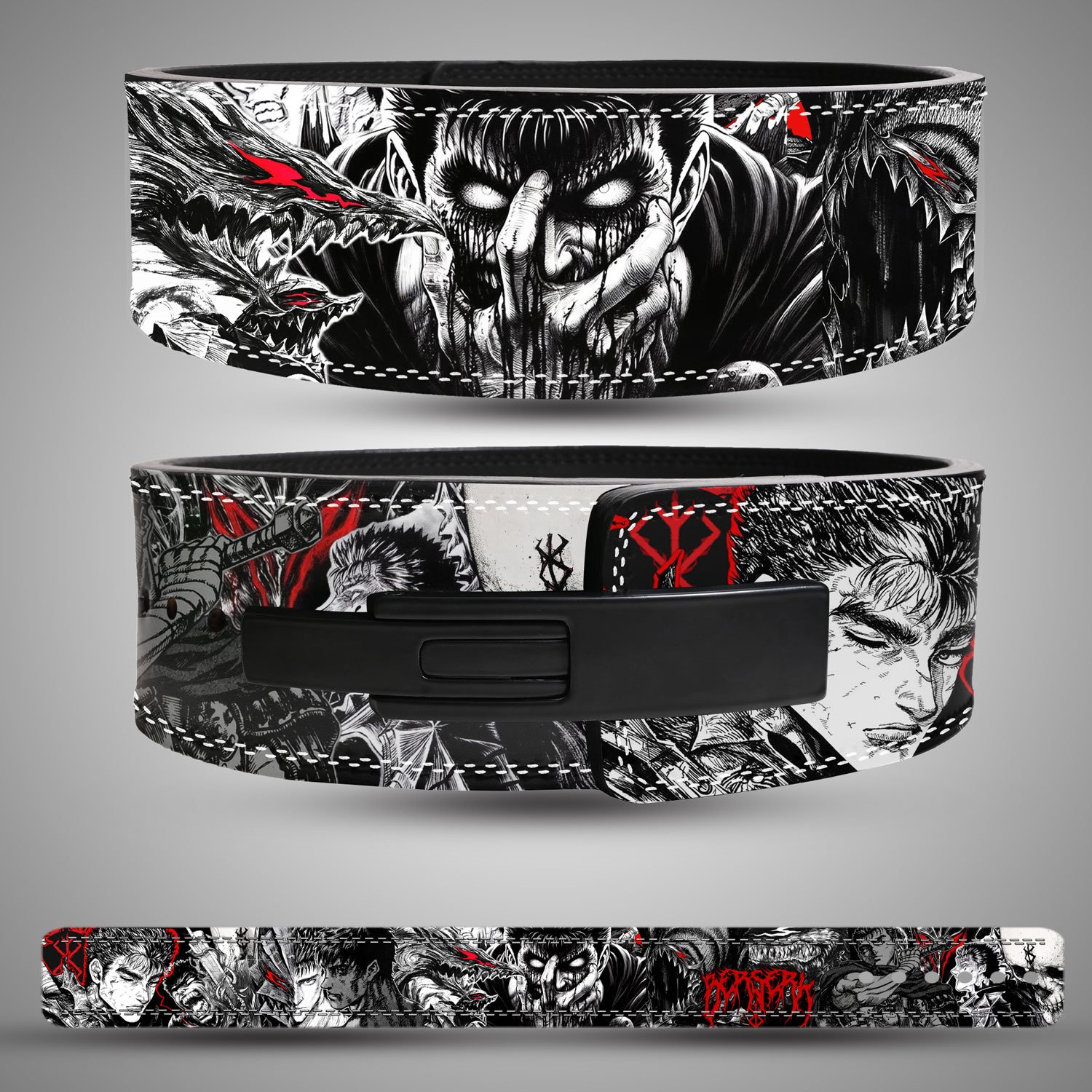 Berserk Manga Lifting Belt Leather powerlifting belt featuring Berserk-style graphics and heavy-duty buckle