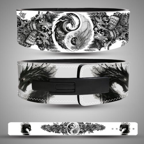 Black and white dragon-themed leather weightlifting belt featuring yin-yang design and samurai armor details with a black lever buckle