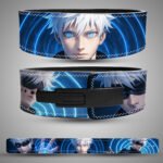 Front view of Gojo Satoru anime weightlifting belt with full-color artwork and manga panels.
