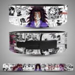 Kokushibo (Upper Rank One) Demon Slayer weightlifting lever belt. Black and white manga art with red and purple color accents. Powerlifting gear for heavy lifts.