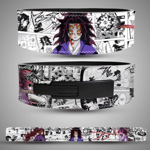 Kokushibo (Upper Rank One) Demon Slayer weightlifting lever belt. Black and white manga art with red and purple color accents. Powerlifting gear for heavy lifts.