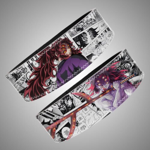 Demon Slayer Kokushibo anime weightlifting belt. Features detailed Upper Rank One manga art with his six eyes, blood, and Moon Breathing sword. Durable lever buckle powerlifting belt.