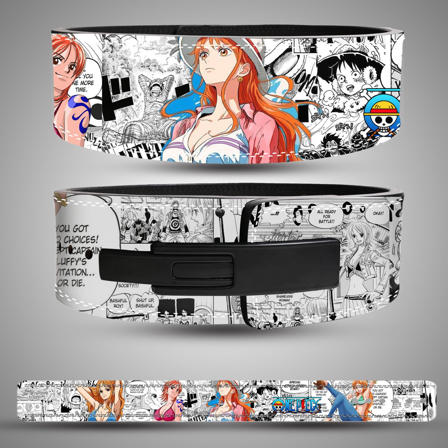 Nami-Weightlifting-Belt Nami manga weightlifting belt with clear artwork and lever buckle