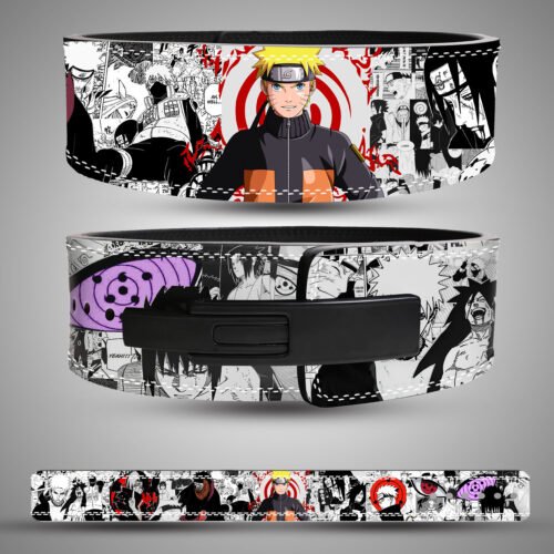 Naruto Gym Belt – anime leather powerlifting belt with Naruto Uzumaki artwork and chakra aura design.