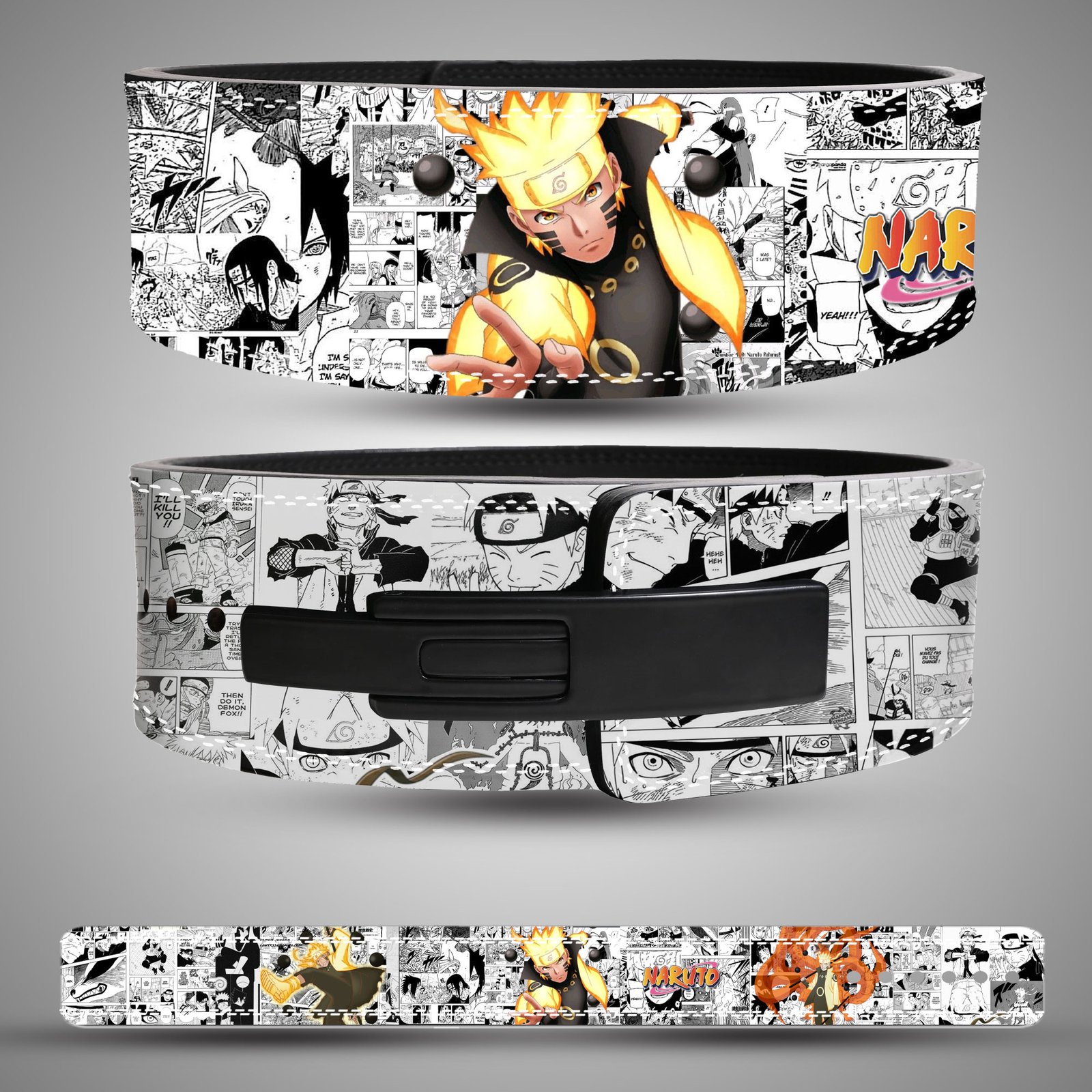 Naruto-Custom-Weightlifting-Belt Anime gym belt featuring Naruto Uzumaki in Sage of Six Paths Mode with manga artwork background.
