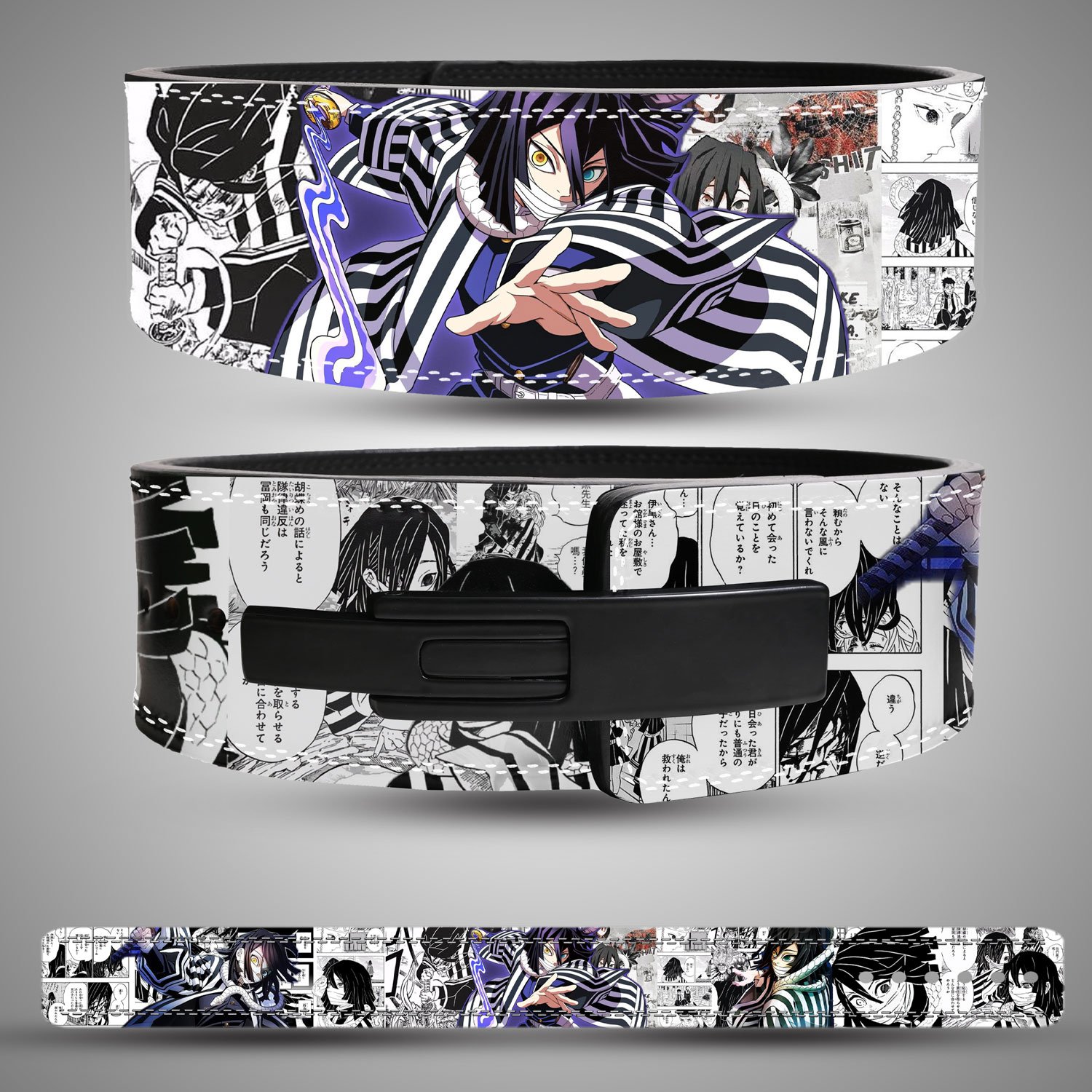 Obani-Weightlifting-Belt Obanai weightlifting lever belt. Demon Slayer black and white manga art with purple accents. Powerlifting gear for core support.
