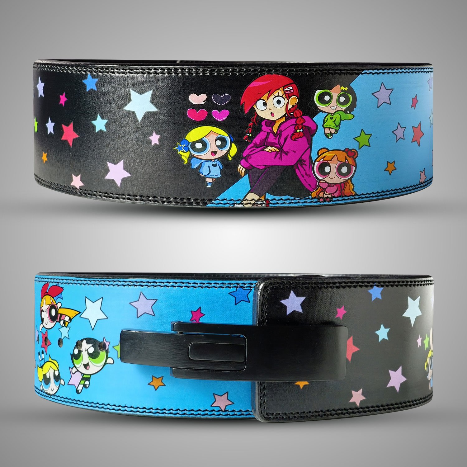 Powerpuff-Weight-Lifting-Belt Powerpuff Girls Weightlifting Belt – premium leather gym belt with colorful cartoon artwork and star pattern.