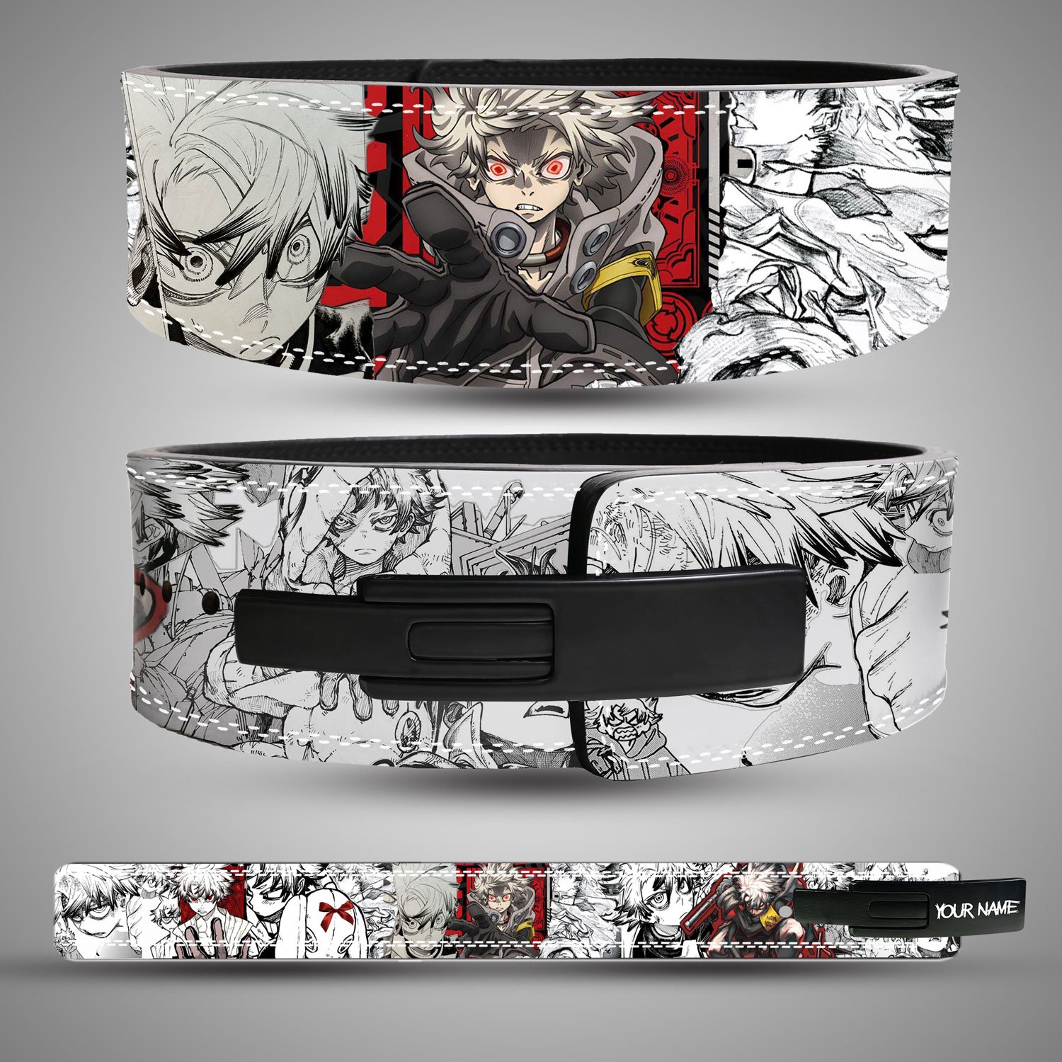 Rudo-weightlifting-belt Rudo-inspired weightlifting belt from the anime Gachiakuta featuring detailed black-and-white manga art with striking red highlights.