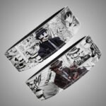 High-Rise Invasion anime gym belt. Manga collage featuring Sniper Mask and action scenes. Durable lever buckle powerlifting belt.