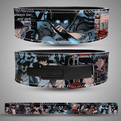 Leather gym belt inspired by Sung Jinwoo, showcasing glowing eyes and shadow hunter theme from Solo Leveling.