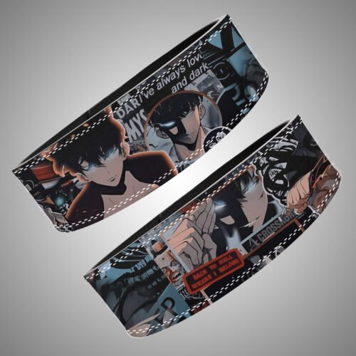 Custom Sung Jinwoo weightlifting belt featuring dark blue and black manga design from Solo Leveling anime.