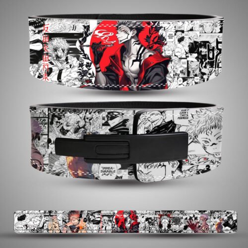 Custom anime weightlifting belt featuring Sukuna from Jujutsu Kaisen with manga panel background and red-black artwork design.