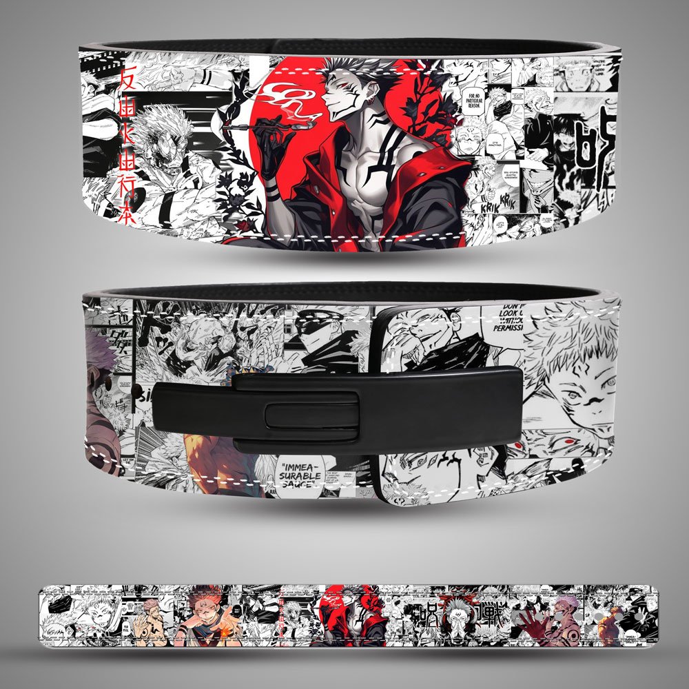 Sukuna-Inspired-Custom-Leather-Weightlifting-Belt Custom anime weightlifting belt featuring Sukuna from Jujutsu Kaisen with manga panel background and red-black artwork design.