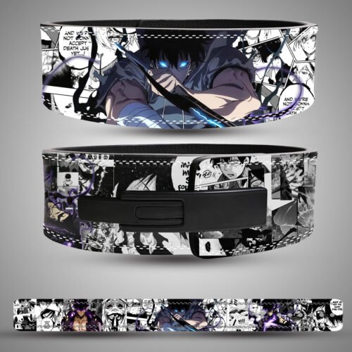 Sung Jinwoo (Solo Leveling) weightlifting lever belt. Black and white manga art with purple and blue energy accents. Powerlifting belt for back support.