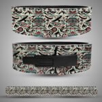 Tribal pattern leather weightlifting belt with traditional geometric and wave designs in red, black, teal, and cream tones.