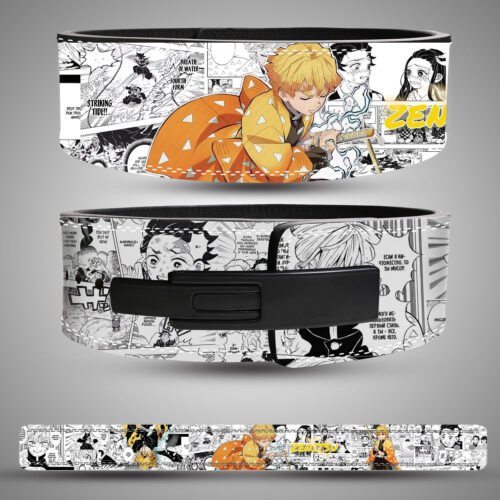 Custom anime leather weightlifting belt featuring Zenitsu Agatsuma from Demon Slayer with manga-style background and lightning effects.