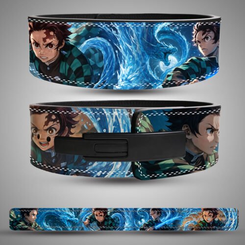 Tanjiro-themed weightlifting belt featuring dynamic water breathing sword art design.