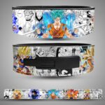 Goku All Forms weightlifting belt showing Super Saiyan Blue, God, and Ultra Instinct forms with a black lever.