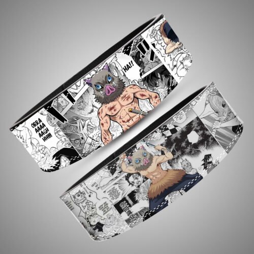 Demon Slayer Inosuke anime gym belt. Black and white manga panels with "Explosive Awakening" text. Heavy-duty black lever buckle belt.