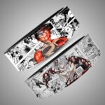 Tanjiro vs Muzan anime gym belt. Manga collage featuring Muzan's flesh armor and Tanjiro with battle scars. Text "Beneficent Radiance" visible. Heavy-duty lifting gear.