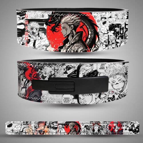 Ryomen Sukuna themed weightlifting belt with red circle backdrop and manga artwork