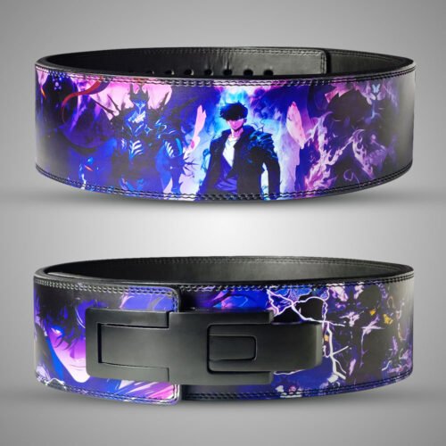 Solo Leveling Shadow Monarch SBD weightlifting lever belt. Anime art with purple energy effects. Powerlifting belt for core support.