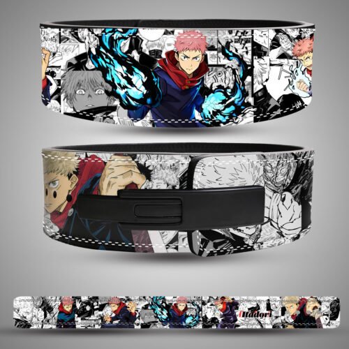 Yuji Itadori anime weightlifting belt front view with manga artwork Yuji Itadori Jujutsu Kaisen lifting belt back view with locking buckle