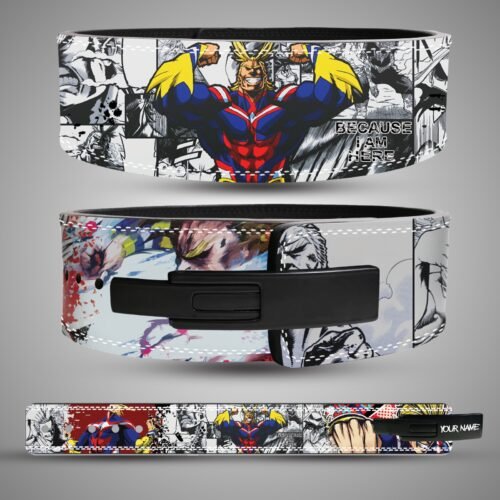 All Might anime powerlifting belt with manga panels and lever buckle.