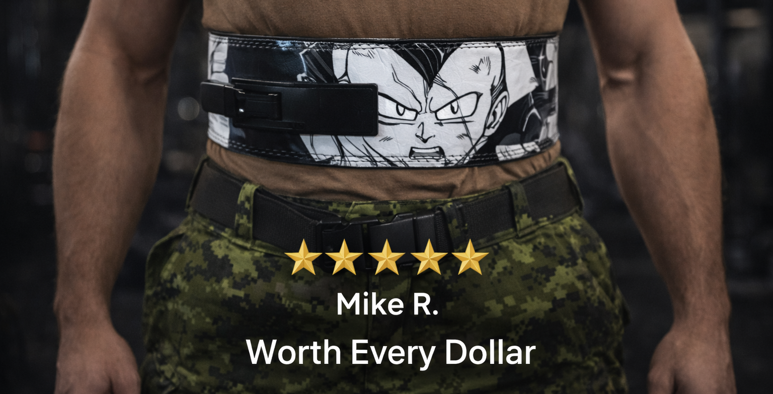 A man wearing a custom black and white anime lever belt featuring Vegeta from Dragon Ball Z over camouflage pants