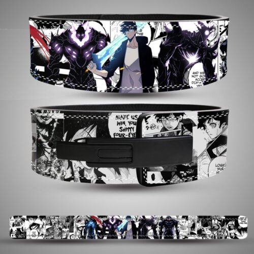 Solo Leveling Sung Jinwoo Shadow Monarch lever weightlifting belt with black buckle.