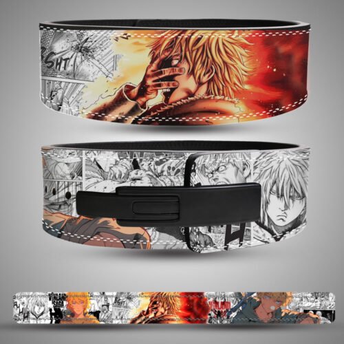 Thorfinn Vinland Saga manga panel weightlifting belt with black lever buckle.