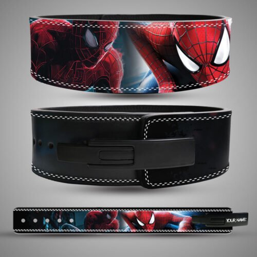 Spider-themed custom weightlifting belt with lever buckle