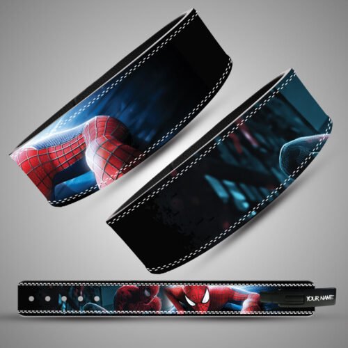 Red web superhero design leather lifting belt front and back