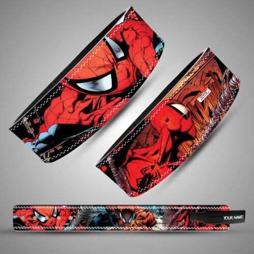 Powerlifting belt with red web superhero design