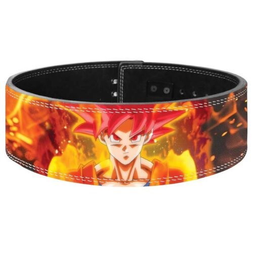 Custom Goku God powerlifting belt with fiery artwork