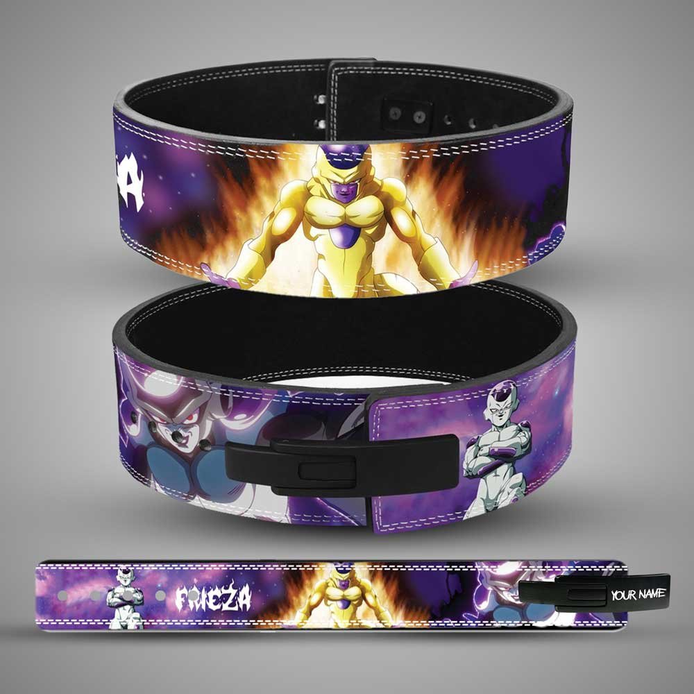 Golden-Frieza-Weightlifting-Belt Golden Frieza custom leather weightlifting belt with black lever buckle