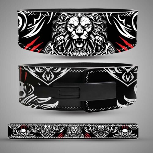 Custom split leather 13mm tribal lion weightlifting belt with skull graphics.