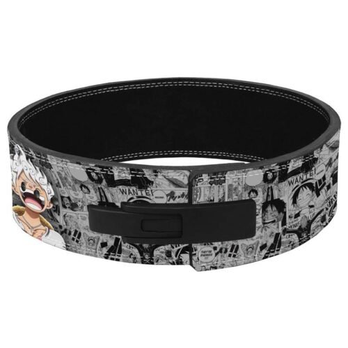 One Piece Luffy weightlifting belt with black lever buckle and custom engraving