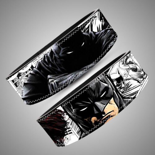 Batman superhero gym belt with black lever buckle and custom engraving option