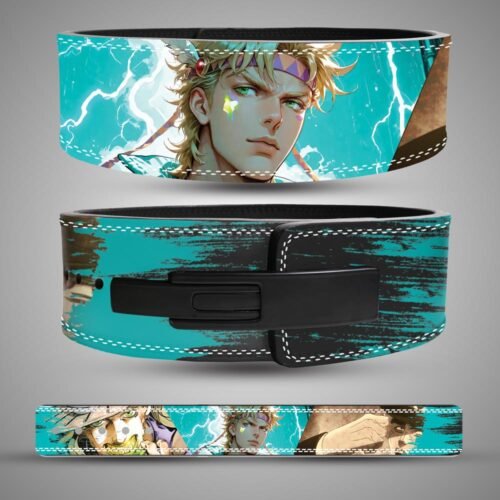 Custom split leather 13mm Jojo anime lifting belt with Caesar Zeppeli artwork.