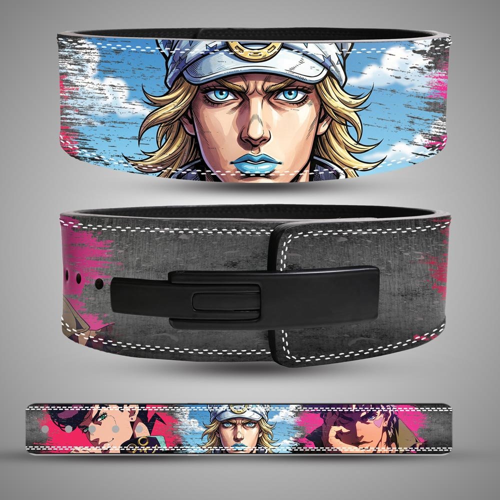 Johnny-Joestar-Anime-Weightlifting-Lever-Belt Custom split leather 13mm Jojo anime lifting belt with Johnny Joestar artwork.