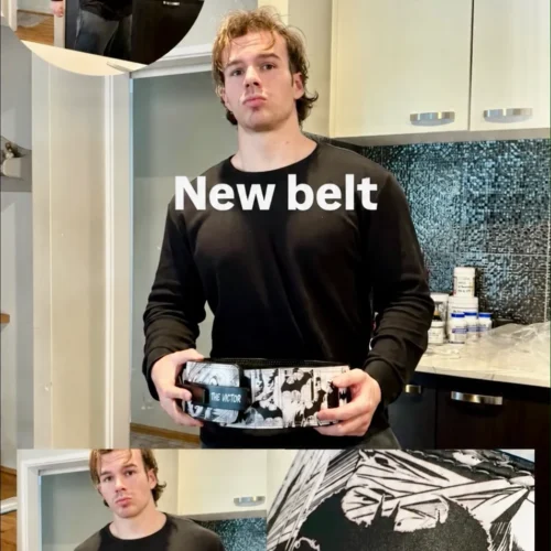 Photo collage of a customer holding a black and white manga-style custom lifting belt, with personalised buckle and inside text details.
