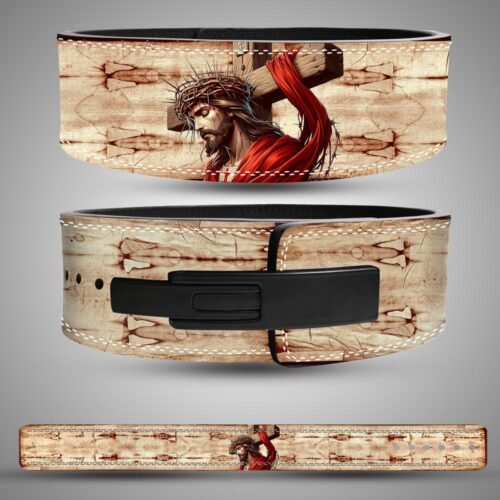 Christian Weightlifting Lever Belt featuring Jesus carrying the cross on premium leather