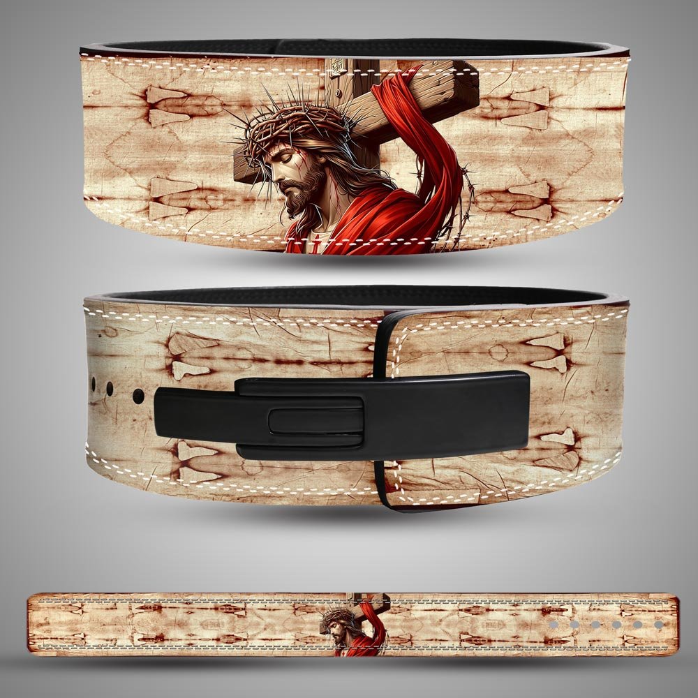 Christian Weightlifting Lever Belt Christian Weightlifting Lever Belt featuring Jesus carrying the cross on premium leather