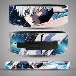 Gintoki Sakata Weightlifting Lever Belt featuring blue anime artwork on premium leather with a heavy-duty lever buckle.